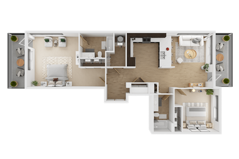 A 3D floor plan of a house with multiple rooms and furniture  at Spyglass Hill Apartments, Bremerton, 98337